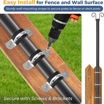 Adjustable String Light Pole 8 FT, 1 Pack Heavy Duty 38mm Rustproof Metal Mounting Pole for Deck, Fence, Patio - Dual Installation Garden Light Holder