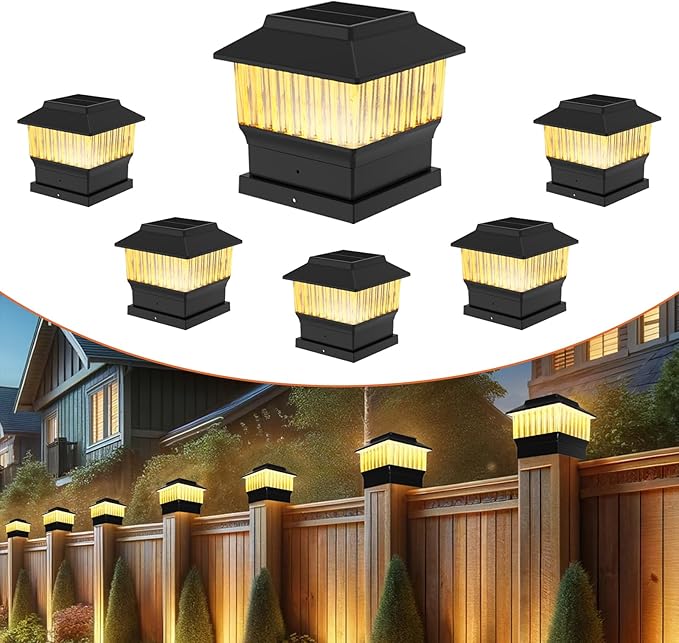 6 Pack Solar Post Cap Lights - Modern #2: Fits True 4x4 Vinyl & 5x5 Wood Posts, Bulk Savings, 3 Color Temp, 50 Lumen Waterproof Outdoor Lights for Deck Fence, Matte Black