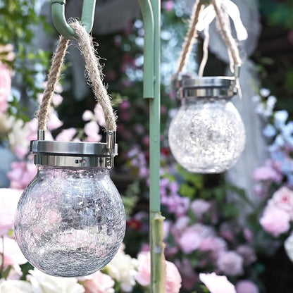 Cooo Christmas Gifts 4 Pack Solar Lanterns Waterproof Outdoor Heavy Crackle Glass 30 LED Warm Firefly Lights Stainless Steel Lid 215% Solar for Women Mom Grandma Outdoor Table Lamps Garden Yard Decor