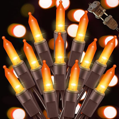 LAMPHOME Orange Halloween Light, 100 Count 20FT String Light,120V UL Certified Orange String Lights, Plug in Brown Wire Fall Lights Waterproof for Spooky Thanksgiving Party Decor