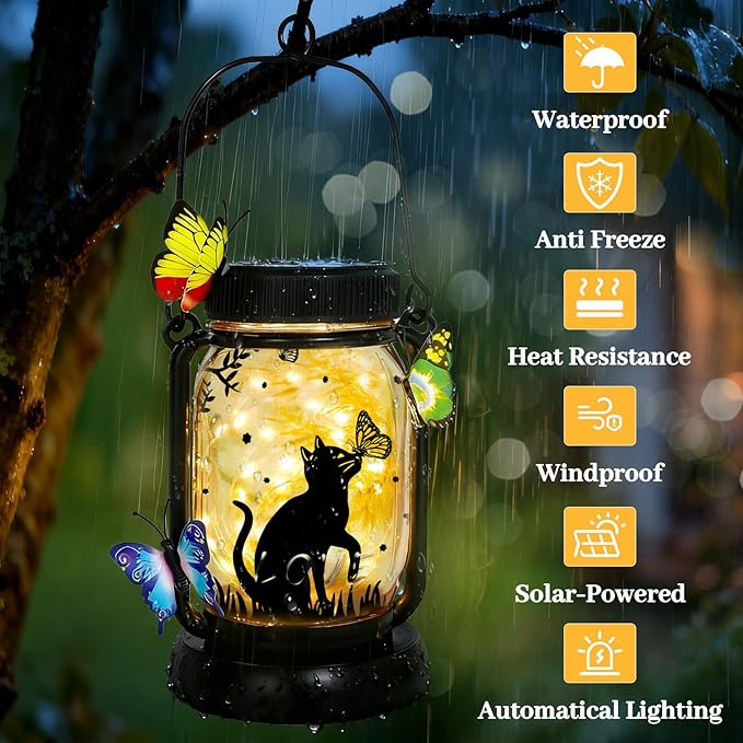 Dog Solar Lanterns Outdoor Garden Solar Dog Lights Dog & Cat Lover Gifts for Women Mom Grandma, Butterfly Fairy Lights Waterproof Hanging Mason Jar Lamps (Cat Kiss Butterfly)