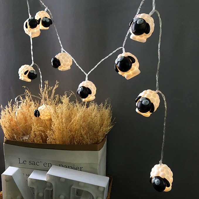 Cute Painted Sheep Night Light LED Sheep Ornaments String Lights Black Sheep Fairy Light Battery Powered Indoor Outdoor Party Decor Night Light (10LED, Black Sheep)