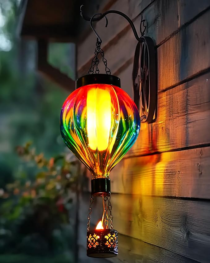 Hot Air Balloon Hanging Solar Lantern Outdoor Waterproof with Flickering Flame Gifts for Women Grandma Mom Glass Hanging Solar Lights Decorative for Outside Wall Front Porch Yard Garden Fence