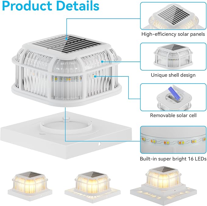 Solar Post Light 6 Packs with 4x4, 5x5 and 6x6 Inches Base for Vinyl/Wooden Posts, Bright 16 LEDs Solar Cap Lights with Two Light Modes for Decorating Deck, Patio, Porch, Fence (White)
