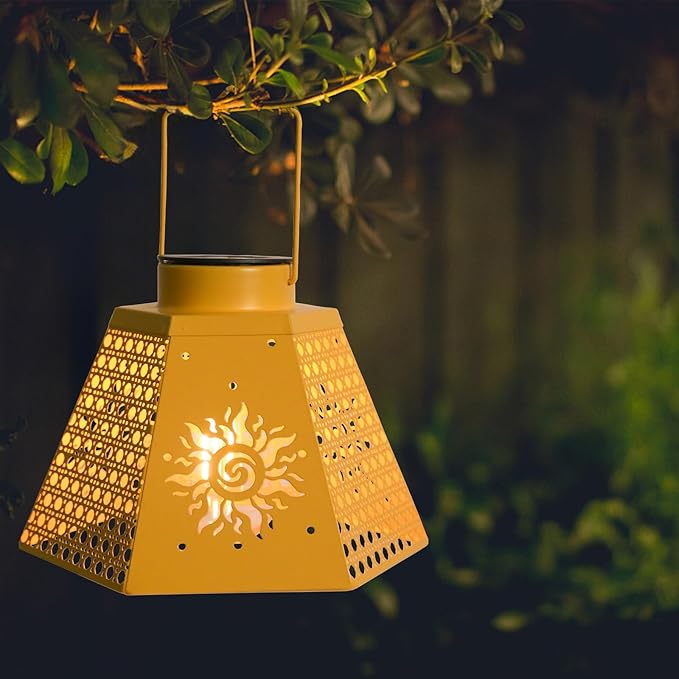 Outdoor Solar Lanterns Waterproof Hanging Solar Metal Lantern 9.5" Sun LED Lantern Yard Art Decor for Yard, Patio, Hallway, Birthday Mothers' Day Gifts (2Pack, Yellow)