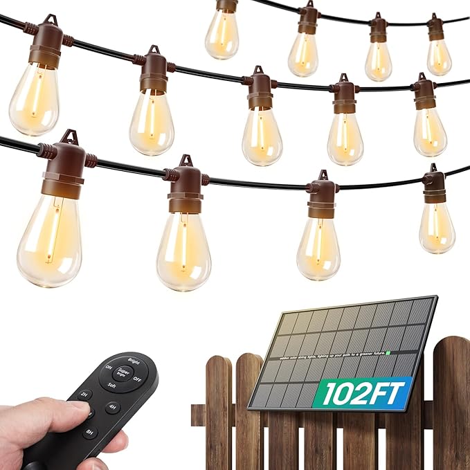 addlon 100FT(2FT) Solar String Lights Outdoor Waterproof with 6W Panel USB Charing & Remote Control Patio Lights Long Last for 20+Hrs Dimmable Solar Power LED Bulbs for Porch Garden Market Bistro