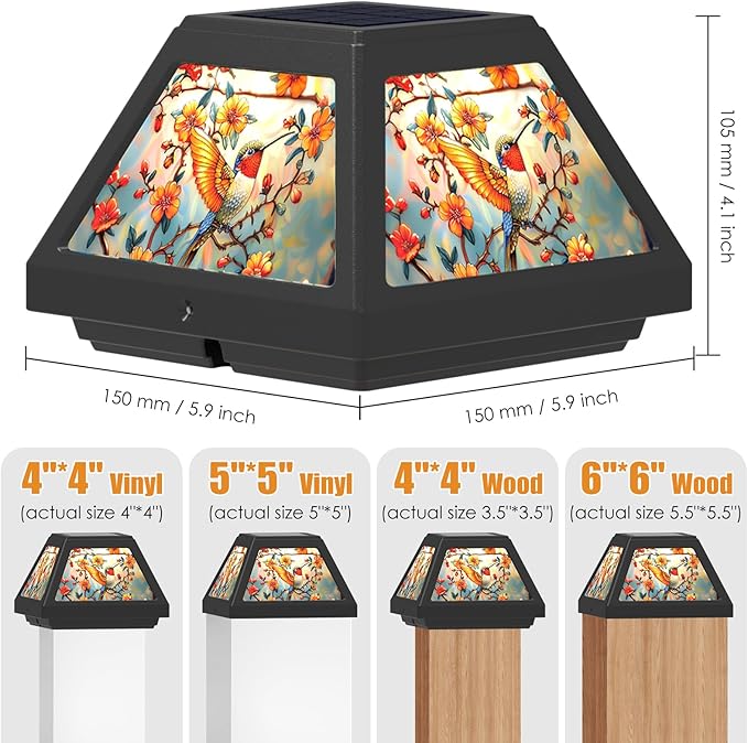 Solar Post Cap Lights - 4x4, 5x5, 6x6 Fence Post Solar Lights, Daffodils Lampshade, 15LM Bright LED, IP65 Waterproof Outdoor Post Lights for Garden, Yard, Deck, Warm White (Bird, 4)