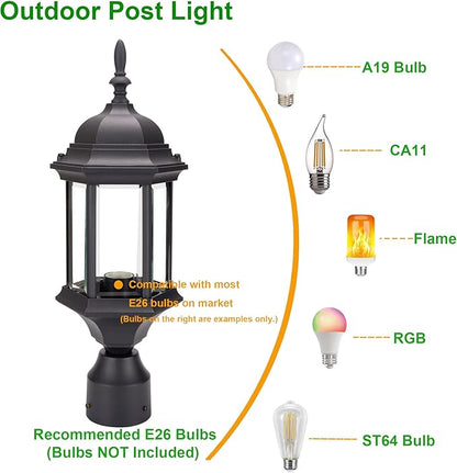 LIT-PaTH Outdoor Post Lighting Fixture Pole Lantern, E26 Medium Base Max 60W, Aluminum Housing Plus Glass, 1-Pack, Black Finish