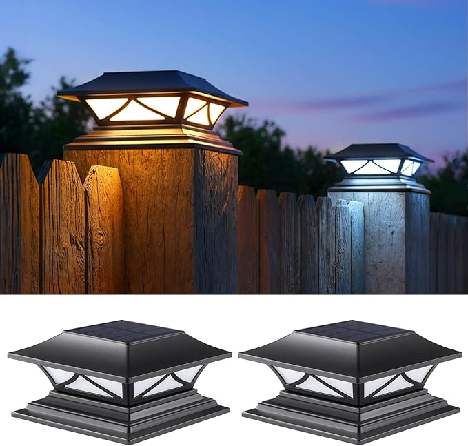 PASAMIC 2 Pack Solar Post Cap Lights, Waterproof Outdoor Lights for 4x4 5x5 6x6 Wood Posts, Fence Post Solar Lights with 2 Color Modes for Garden, Deck, Patio, Porch, Fence