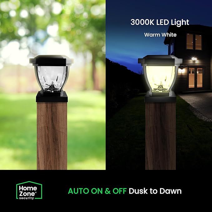 Home Zone Security Solar Post Cap Lights - Decorative Glass LED Outdoor Fits 3.5 x 3.5 in. Post Lights, Black (2-Pack)