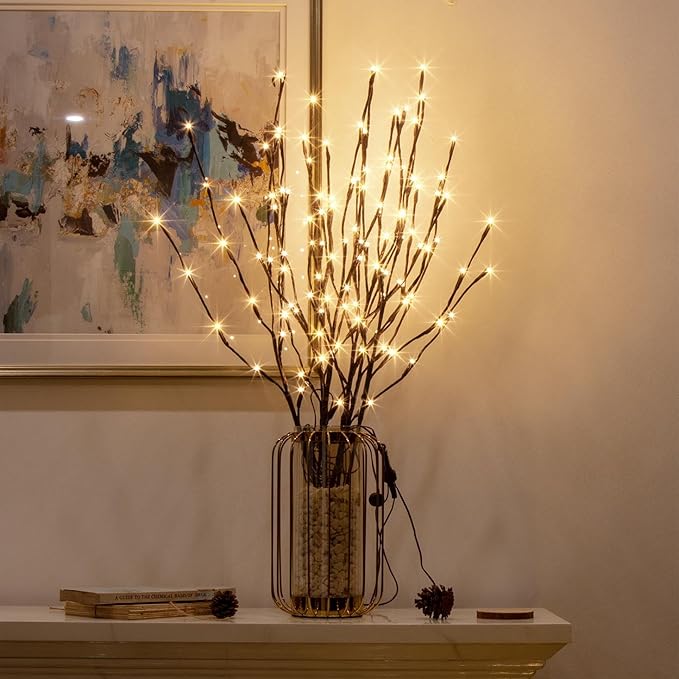 6PK Lighted Branches Brown Twig Stake with 120LED Warm White Lights, 30" Pathway Light for Outdoor and Indoor Use(Vase Excluded)