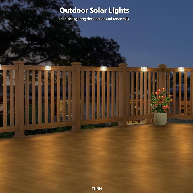 TIJNN Solar Deck Lights Outdoor Waterproof (6 Pack) – LED Solar Fence Lighting for Steps, Stairs, Railing, Patio & Backyard – Wireless Auto Dusk to Dawn Warm White Decor
