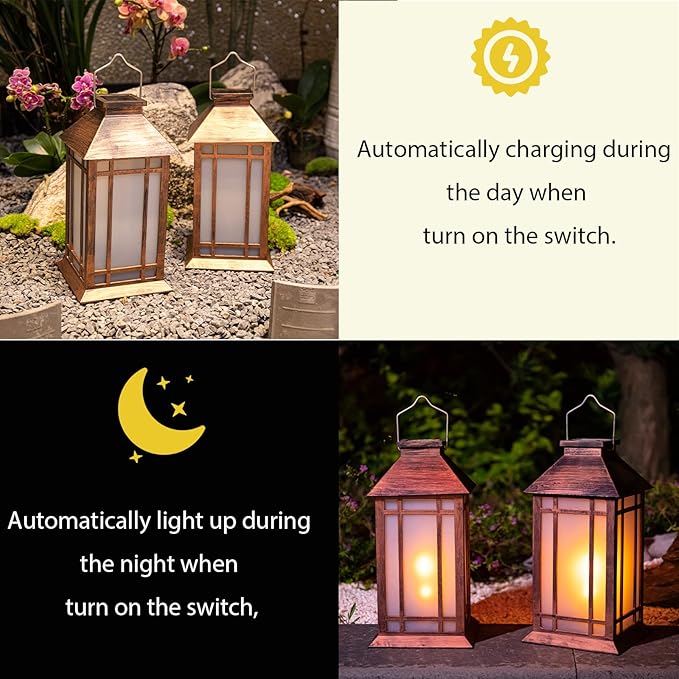 2-Pack Metal Hanging Solar Lanterns for Patio, Waterproof LED