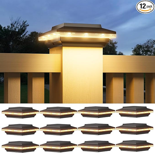 12 Pack 4x4 Solar Post Cap Lights Upgraded, Brighter and Extended Beam to Light Post Fence Deck with Warm/White Light, Waterproof Outdoor Posts Solar Lights for Patio Porch Vinyl/Wooden Posts