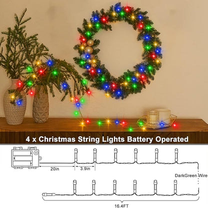 4 PACK Multicolor Battery Operated String Lights Outdoor 16.5Ft 50LED Battery Timer String Lights RGBY Clear Wire Christmas Tree Lights with 8 Modes Indoor Decorations for Yard Patio Window Tree