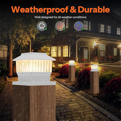 Solar Post Cap Lights 4 Pack, Modern #1: Fits True 4x4 Vinyl, 4x4 & 6x6 Wood Posts, 3 Color Temperature, 50 Lumen Waterproof Outdoor Lights for Deck Fence, Elegant White