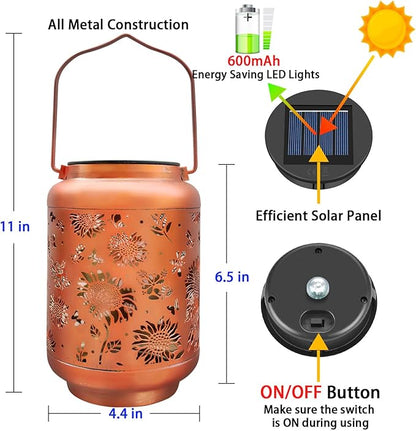 Sunflower Solar Lantern Outdoor Waterproof, Metal Hanging Solar Powered Lantern Light, Birthday Gardening Gifts for Women Mom Grandma, , Garden Decor for Yard, Patio, Porch, Backyard Balcony