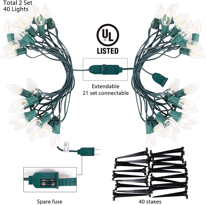 Brightown C9 Christmas Lights Outdoor, 2 Packs Total 51.4 Ft Christmas Pathway Lights with 40 LED Bulbs and Stakes, Connectable Outdoor Christmas Decorations Yard Walkway Sidewalk Holiday, Multicolor