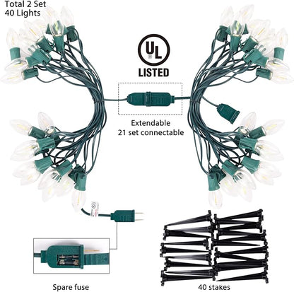 Brightown C9 Christmas Lights Outdoor, 2 Packs Total 51.4 Ft Christmas Pathway Lights with 40 LED Bulbs and Stakes, Connectable Outdoor Christmas Decorations Yard Walkway Sidewalk Holiday, Multicolor