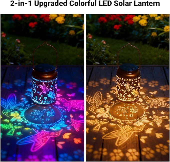 Solar Lanterns Outdoor Waterproof Hummingbird Garden Decor, Birthday Gifts for Women Mom Grandma Seniors, Metal Hanging Lanterns Decorative Colorful LED Lights for Lawn, Yard, Patio, Backyard, Porch