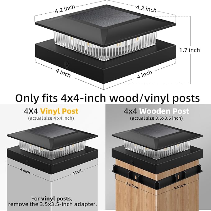 4x4 Solar Post Cap Lights 16 Pack, Fence Post Solar Lights with Warm White/Cool White, Only Fit 4x4 Wood/Vinyl Posts, Waterproof Outdoor Deck Post Light for Deck, Fence, Porch(Black)