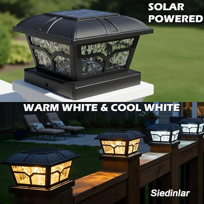 SIEDiNLAR Solar Post Cap Lights Outdoor 2 Color Modes 8 LEDs for 4x4 5x5 6x6 Posts Fence Patio Deck Decoration Warm White & Cool White Lighting Black (2 Pack)