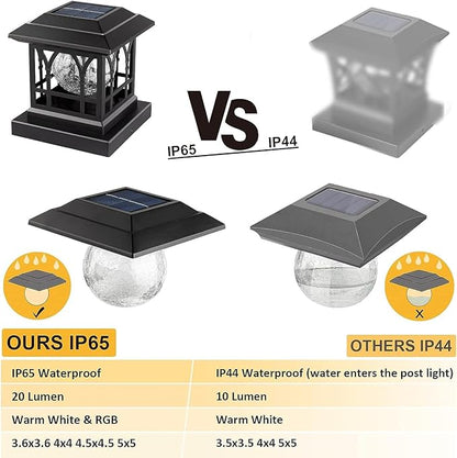Solar Post Cap Lights, Warm White & RGB Automatic Cycling, Cracked Glass Bulb, 20 Lumens lP65 Waterproof Fit 3.6x3.6 4x4 4.5x4.5 5x5 Wood Fence Post Solar Powered Lights Black (6 Pack)