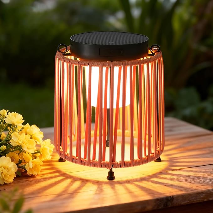Solar Lanterns Outdoor Waterproof IP54, Handwoven Wicker Outdoor Table Lamps Portable Rechargeable with 30H+ Runtime, Dual USB-C/Solar Charging, 3 Brightness Levels, Orange