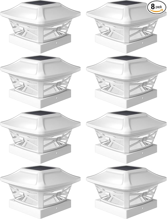 Davinci Lighting Renaissance Solar Outdoor Post Cap Lights - Includes Bases for 4x4 5x5 6x6 Posts - Bright LED Light - Pearl White (8 Pack)