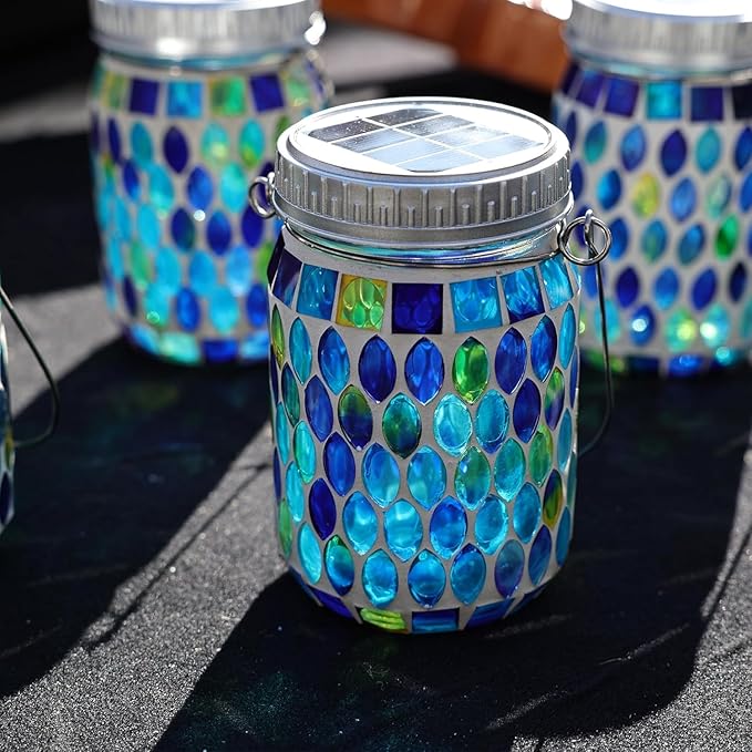 Cooo 4 Pack Mosaic Lanterns Outdoor Waterproof with 215% Larger Solar Panel, Never Rust Lids, True Capacity Battery- Solar Mason Mosaics Jar Lantern for Patio Garden Yard Balcony Christmas Decorations