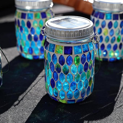 Cooo 4 Pack Mosaic Lanterns Outdoor Waterproof with 215% Larger Solar Panel, Never Rust Lids, True Capacity Battery- Solar Mason Mosaics Jar Lantern for Patio Garden Yard Balcony Christmas Decorations