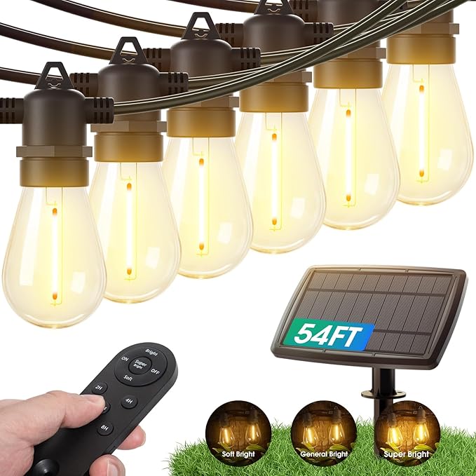 KYY 54(48+6) FT Solar String Lights Outdoor with USB Port Remote, Waterproof and Shatterproof Patio with Solar Powered Panel, LED Vintage Edison Bulbs, Heavy-Duty and UL Listed Market Lights