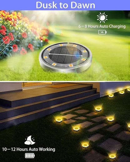 Solar Lights Outdoor Waterproof, 8 Pack 8 LED, Thickened Stainless Steel Ground Light, Solar Garden Lights Landscape Lighting for Patio Pathway Lawn Yard Deck Driveway Walkway, Warm White