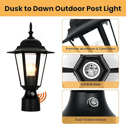 15" Dusk to Dawn Outdoor Post Light, Modern Black Outdoor Lamp Post Light Fixture, Lamp Posts Exterior Lighting Pole Lantern for Outside Porch Garage Street, Waterproof Aluminum & Glass, 1 Pack, E26