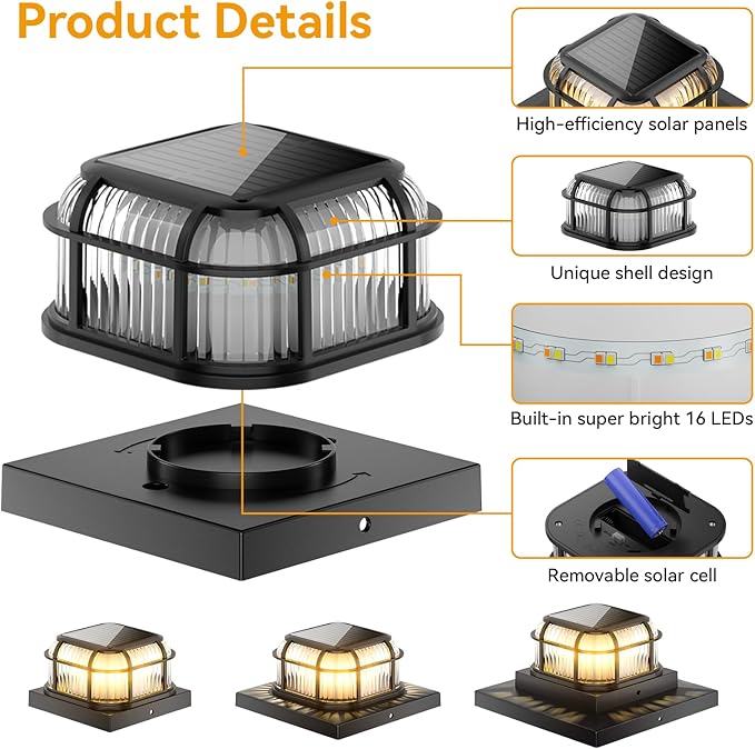 Solar Post Light 6 Packs with 4x4, 5x5 and 6x6 Inches Base for Vinyl/Wooden Posts, Bright 16 LEDs Solar Cap Lights with Two Light Modes for Decorating Deck, Patio, Porch, Fence (Black)