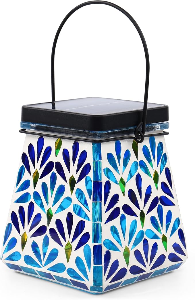 VOREEN Mosaic Solar Lantern, Colorful Mosaic Glass Decorative Lantern for Outdoor Garden & Patio, Tabletop or Hanging Solar Powered Light, Blue Petal Mosaic Design