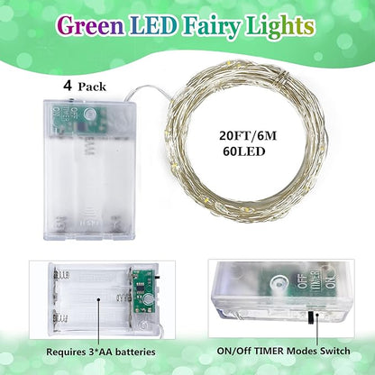 4 Pack 20FT 60LED St Patrick’s Day Battery Operated Fairy Lights with Timer, Waterproof Battery String Lights Outdoor Indoor, Twinkle Lights for Bedroom Christmas St Patrick’s Day Decorations (Green)