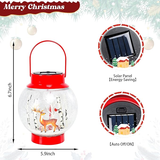 MUMTOP Solar Lantern Christmas Cardinal Reindeer Light, Crackle Glass Christmas Lanterns Hanging Solar Lights Outdoor LED Waterproof Tabletop Lamp for Table Yard Garden Patio Lawn Christmas Decor