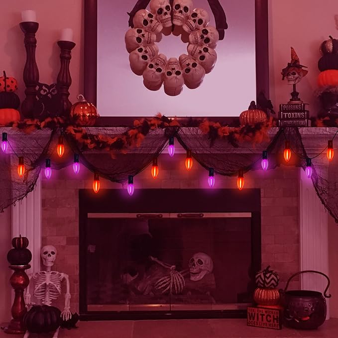 Halloween Pathway Lights Outdoor, 19.5Ft Orange Purple Halloween String Lights with 10 C9 LED Bulbs and Stakes, Connectable Outdoor Waterproof Marker Stake Lights for Halloweens Path Yard Lawn, Garden