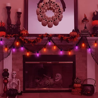 Halloween Pathway Lights Outdoor, 19.5Ft Orange Purple Halloween String Lights with 10 C9 LED Bulbs and Stakes, Connectable Outdoor Waterproof Marker Stake Lights for Halloweens Path Yard Lawn, Garden