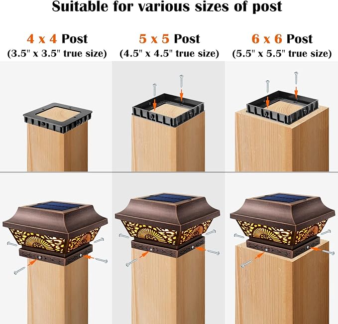 DenicMic Solar Post Lights 2 Pack Post Cap Solar Lights Outdoor Waterproof Metal 25 Lumen Warm White LED Lighting for 3.5x3.5 4x4 5x5 Wooden Fence Posts Deck Rail Yard Patio (Copper)