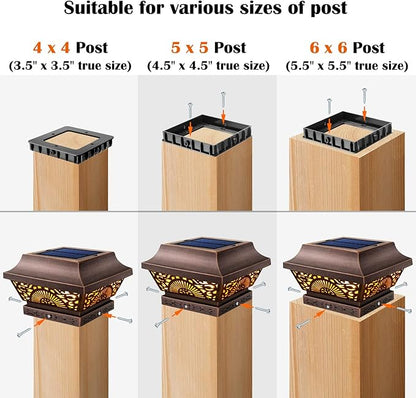 DenicMic Solar Post Lights 2 Pack Post Cap Solar Lights Outdoor Waterproof Metal 25 Lumen Warm White LED Lighting for 3.5x3.5 4x4 5x5 Wooden Fence Posts Deck Rail Yard Patio (Copper)