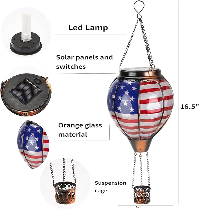 Larekook Solar Hot Air Balloon Lantern with Flame Flickering,Glass Hot Air Balloon Solar Lantern Outdoor Waterproof Hanging Garden Light for Patio Porch Yard,Birthday Gifts for Women(American Flag)