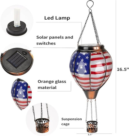 Larekook Solar Hot Air Balloon Lantern with Flame Flickering,Glass Hot Air Balloon Solar Lantern Outdoor Waterproof Hanging Garden Light for Patio Porch Yard,Birthday Gifts for Women(American Flag)
