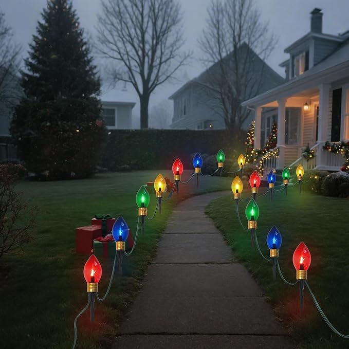 Jumbo Christmas Pathway Lights Outdoor, 7FT 4Pcs Multicolor LED Connectable Plug in Walkway Lights for Driveway, Yard, Fence Decor, Green Wire, Waterproof & UL Listed