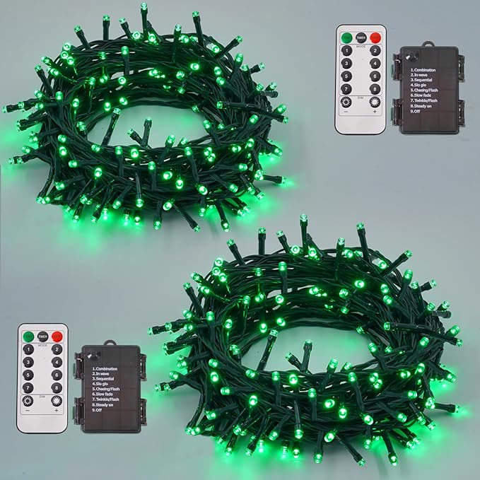 QITONG 2 Pack Green St Patrick's Day Battery Lights, Each 33ft 100 LED Battery Operated String Lights Outdoor, Green Wire Twinkle Christmas Lights Indoor with Remote