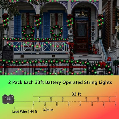 YEGUO Christmas Lights Battery Operated, 2 Pack Each 33ft 100 LED Red and Green String Lights Outdoor Waterproof, 8 Modes Green Wire Fairy Light Indoor with Remote