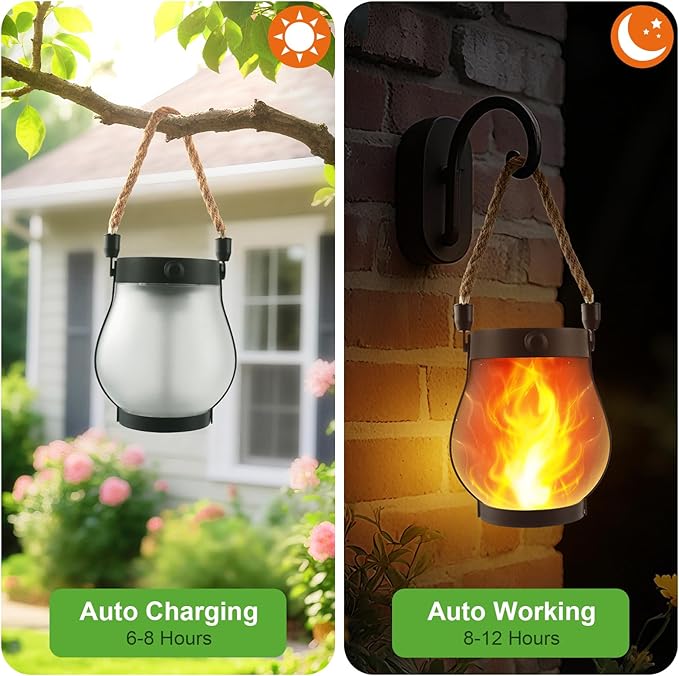 Solar Lanterns Outdoor Lights,Upgraded Flickering Flame Solar Lanterns Lights with 2 Modes Dual Charging USB & Solar, Outdoor Waterproof Hanging Lantern for Party Holiday Yard Patio Path Garden Decor