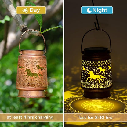 KIKUSUI Horse Lover Gifts Solar Lanterns Outdoor Decor, Gifts for Mom Women Dad Men, Metal Decorative LED Lanterns for Yard, Patio, Lawn, Tabletop, Pathway, Landscape, Garden Decor