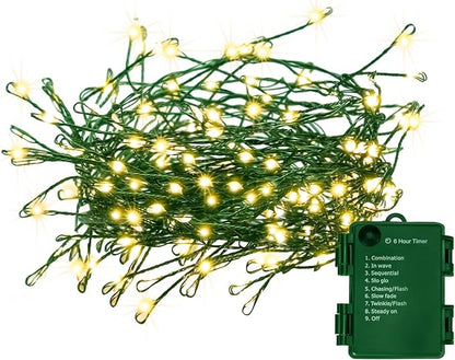 Battery Operated Christmas Lights, 10FT 100 Micro LEDs Fairy Lights with 8 Modes and Timer, Green Copper Wire for Indoor Outdoor Christmas Tree Wreath Garland Garden Party,Warm White